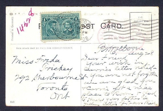 CANADA 1908 1c QUEBEC COLBORNE ONT PPC WITH RED OVAL TORONTO DLO CDS