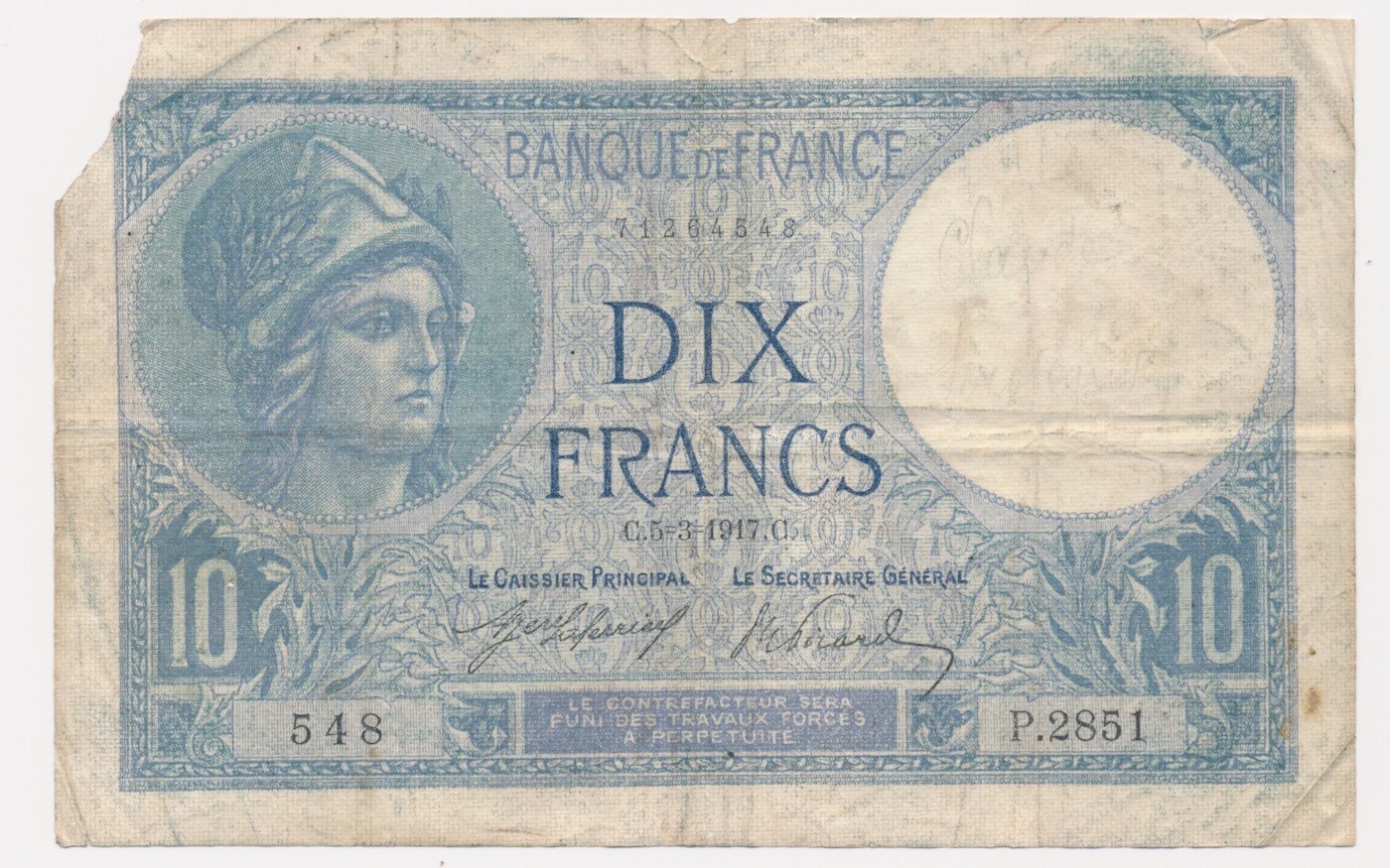 FRANCE banknote 10 Francs 5.3.1917 early date VF Very Fine