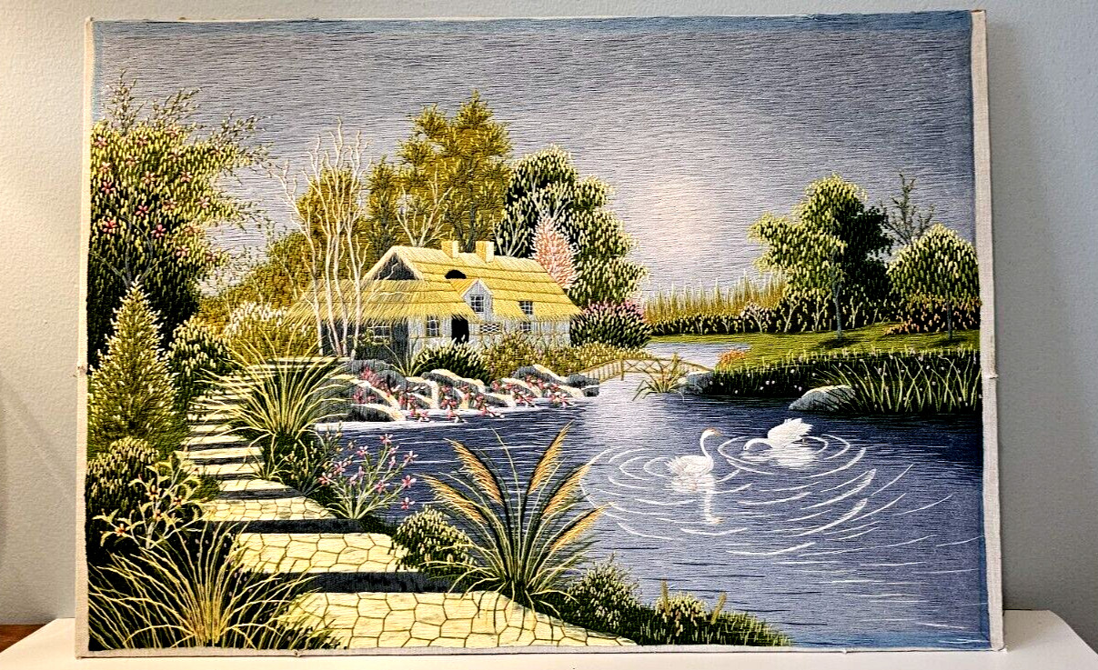 Vintage Pictue Silk Embroidery Hand Stitched 19.5"x14"