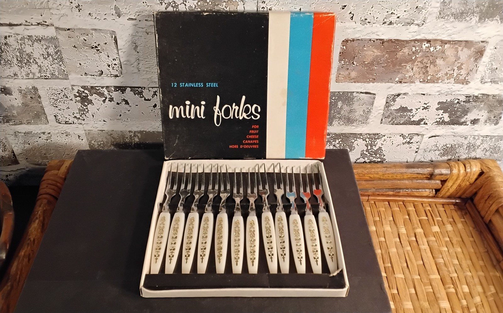 Vintage Mini Forks 12 Stainless Steel in Box, Hors D'oeuvres Appetizers, Japan
