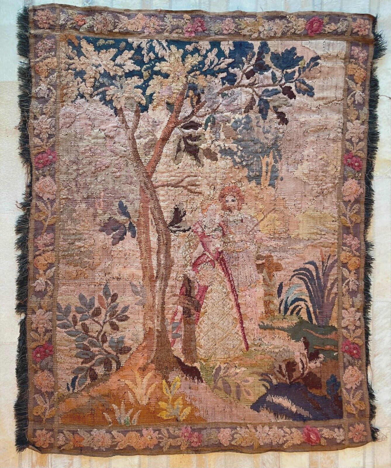 Antique 19th French Aubusson Verdure Tapestry Wall Hanging Woven 94 x 115 cm