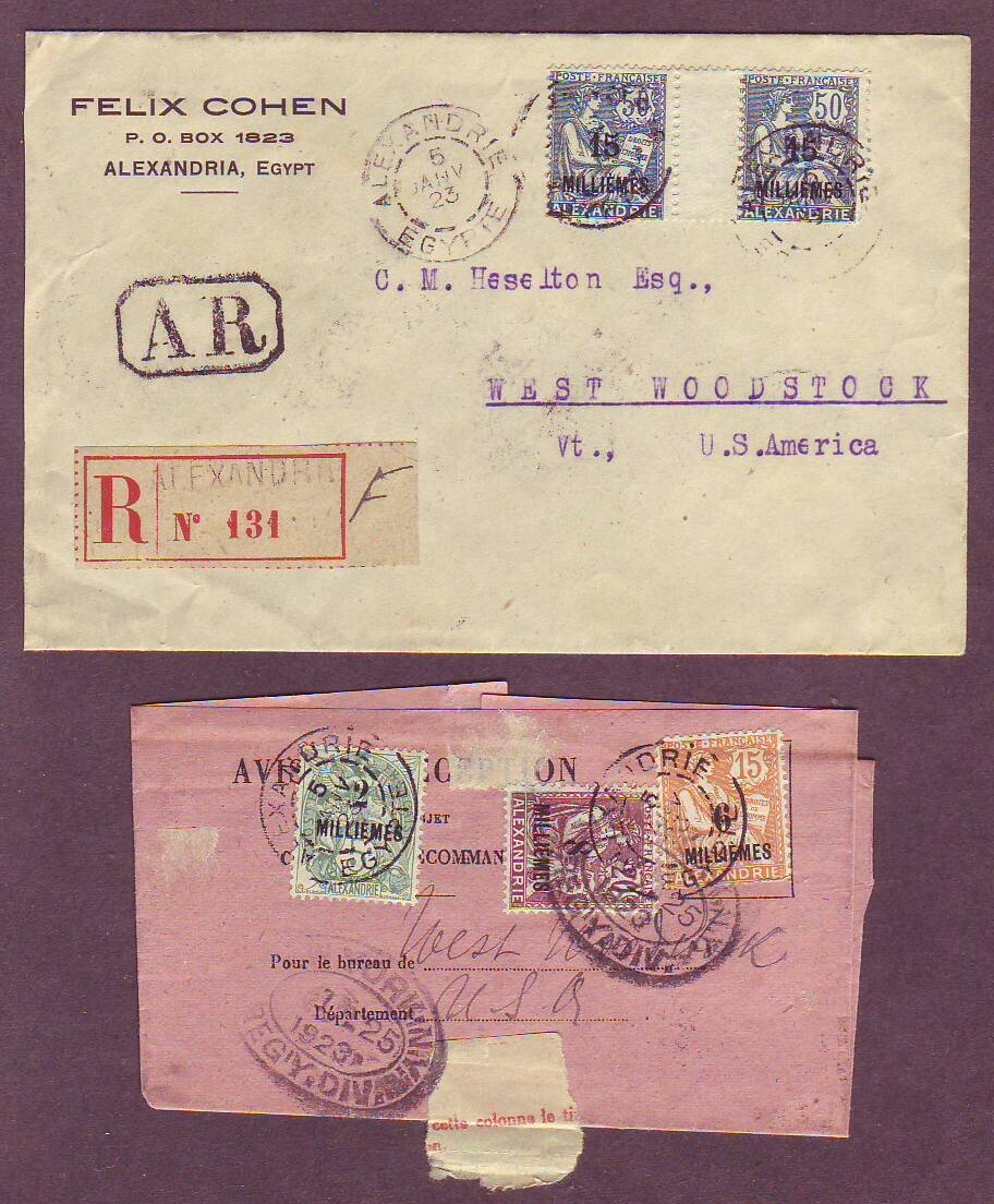 FRANCE in EGYPT to USA 1923 REG Cover & A R RECEIPT + EARLY USE of GUTTER PAIR !
