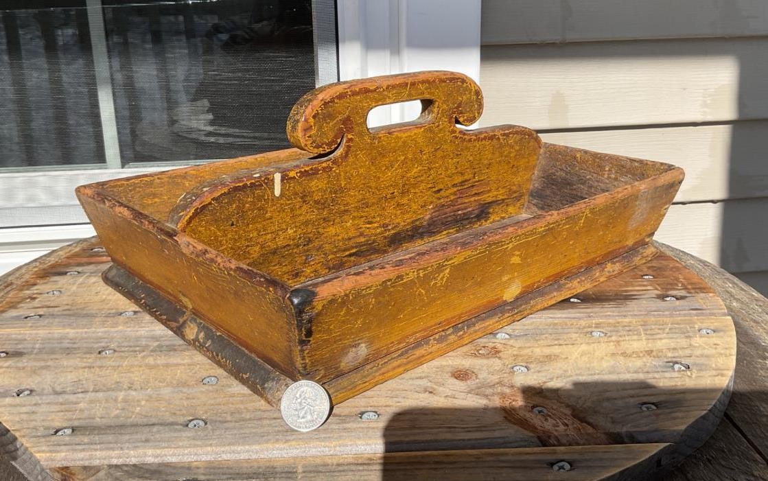 Antique Wooden Utensil Cutlery Box Tray Decorative Handle Old Worn Mustard Paint