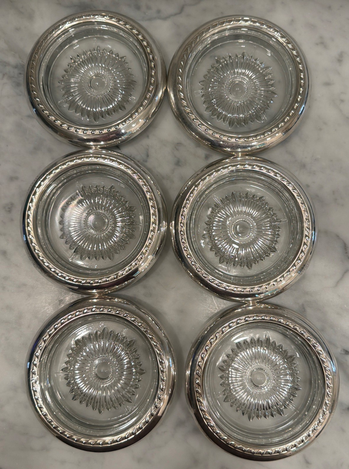Vintage Sterling Silver STC Glass Wine coasters Beaded Rim 1950 Set of 6