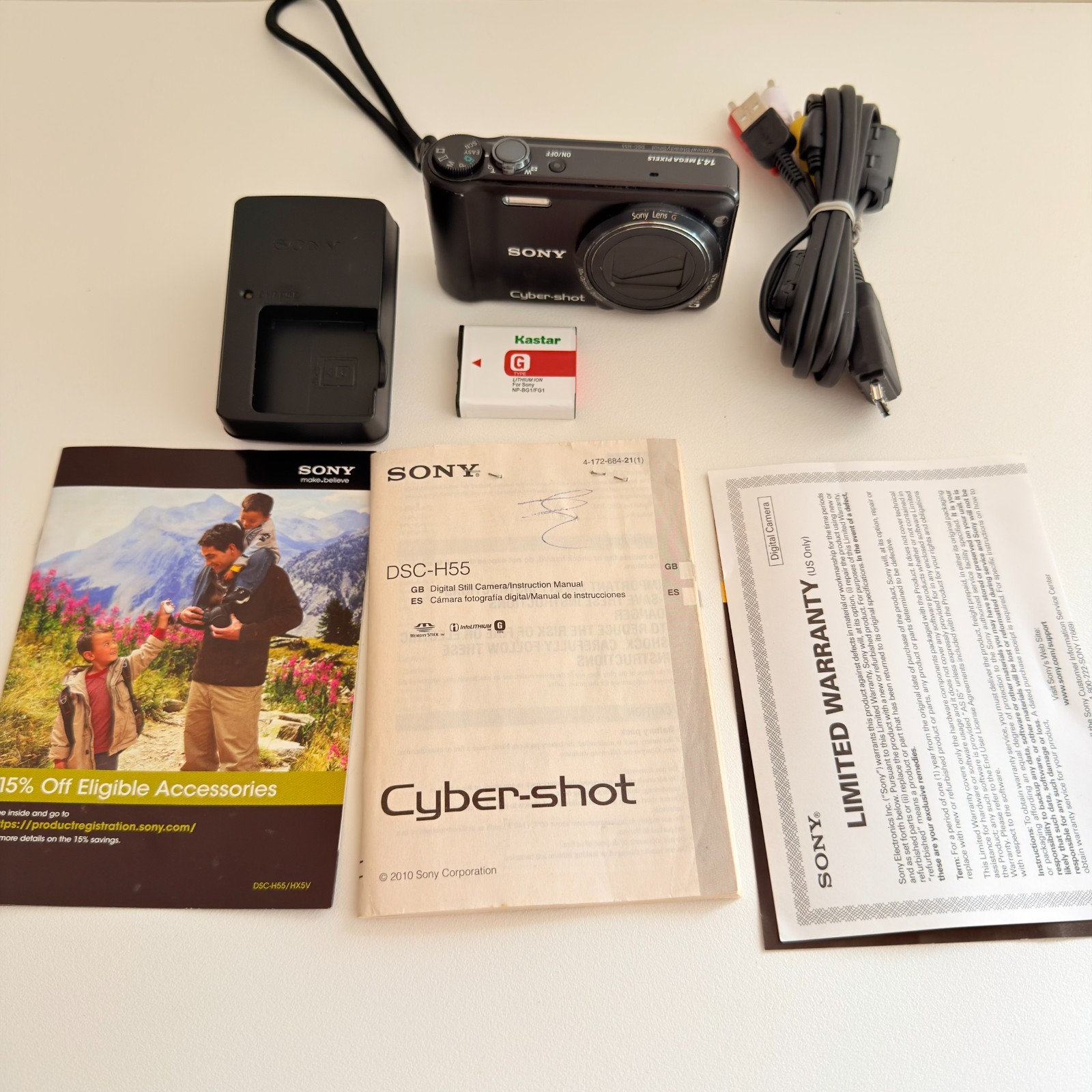 Sony Cyber-Shot DSC-H55 14.1 MP Digital Camera w/ Battery Charger & Cable, No SD