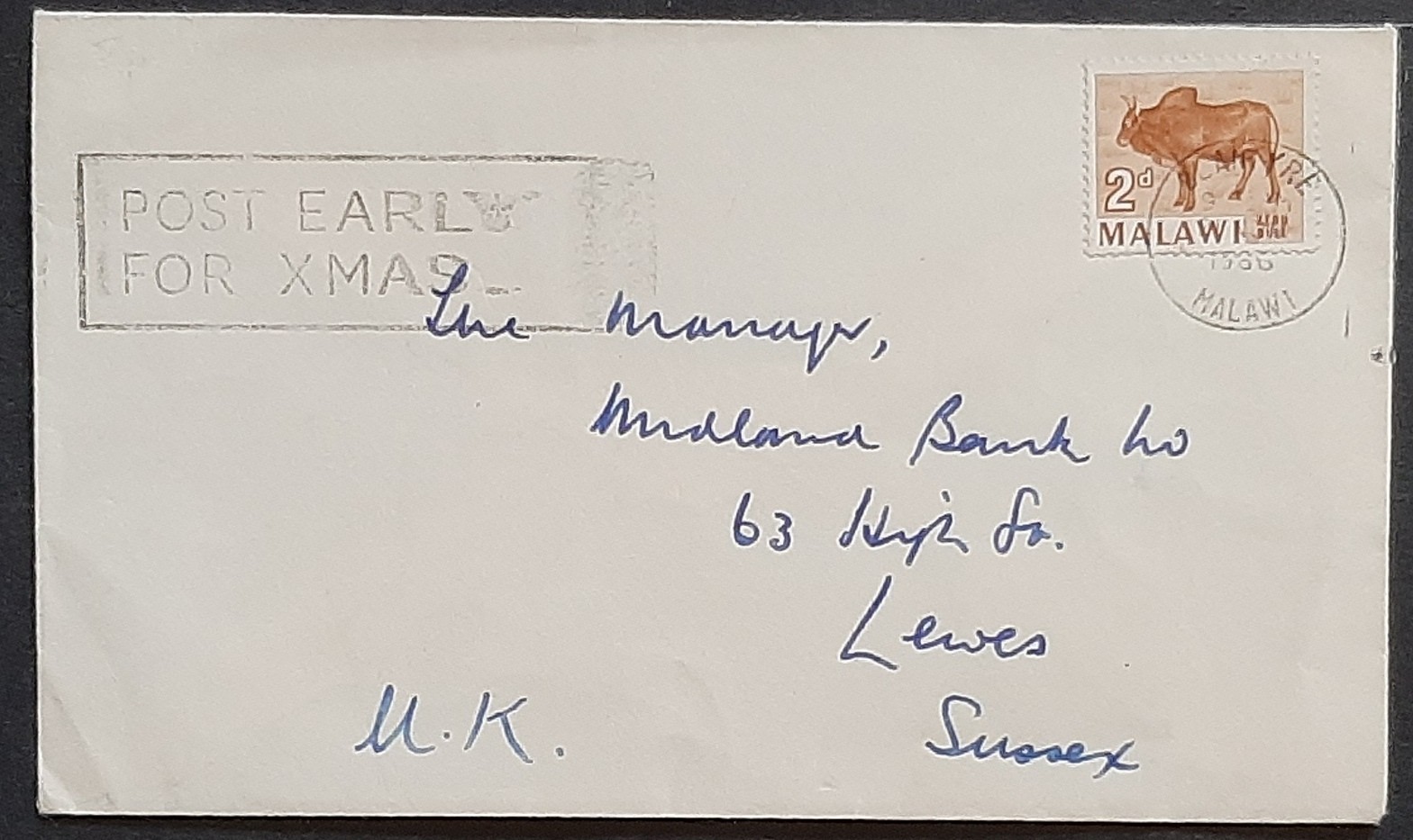 z(MWI-201) MALAWI 1966 vintage envelope sent to Midland Bank Ltd, SUSSEX UK