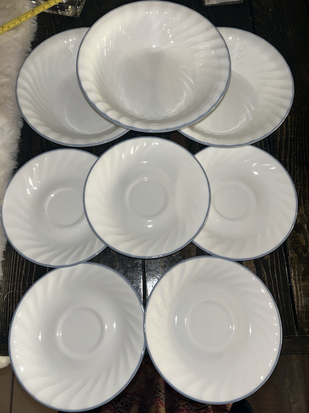 CORELLE CORNING English Meadow PINK  TRIO 3 SOUP BOWLS-5 Saucers Swirl Blue Rim