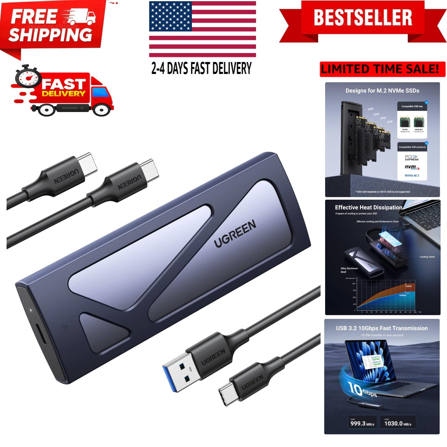 SSD Enclosure, Tool-Free USB C External, 10Gbps M.2 NVMe to USB Adapter/Reade...