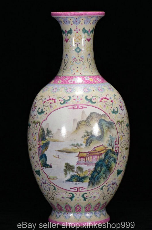 18" Old Chinese Qianlong Marked Fencai Porcelain Landscape Bottle Vase