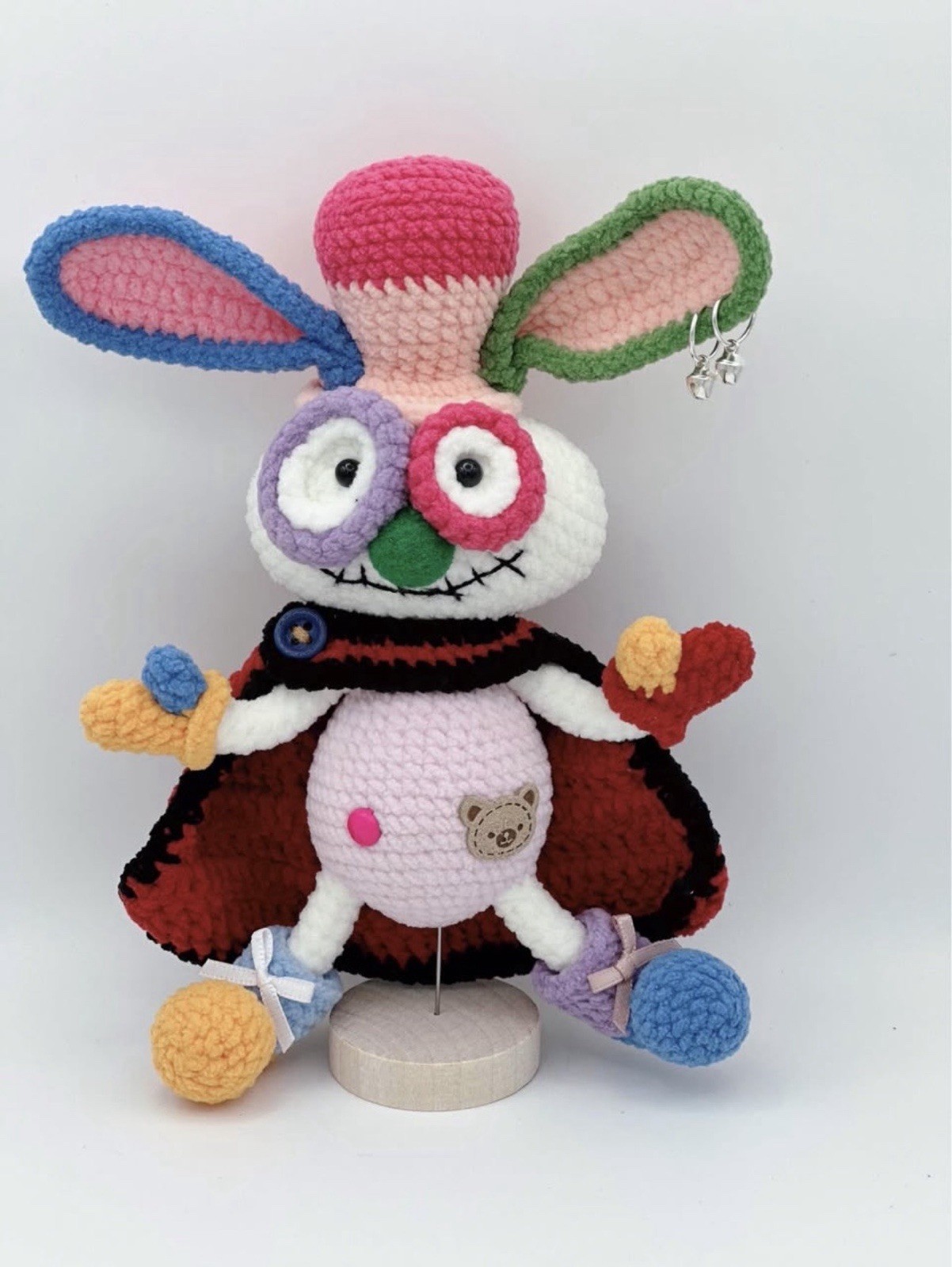 Handmade 8" Tall Multicolor Designer Crochet Bunny with Cape & Bells