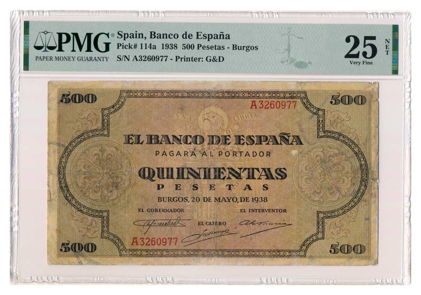 SPAIN banknote 500 Pesetas 1938 PMG grade VF 25 Very Fine RARE !!!