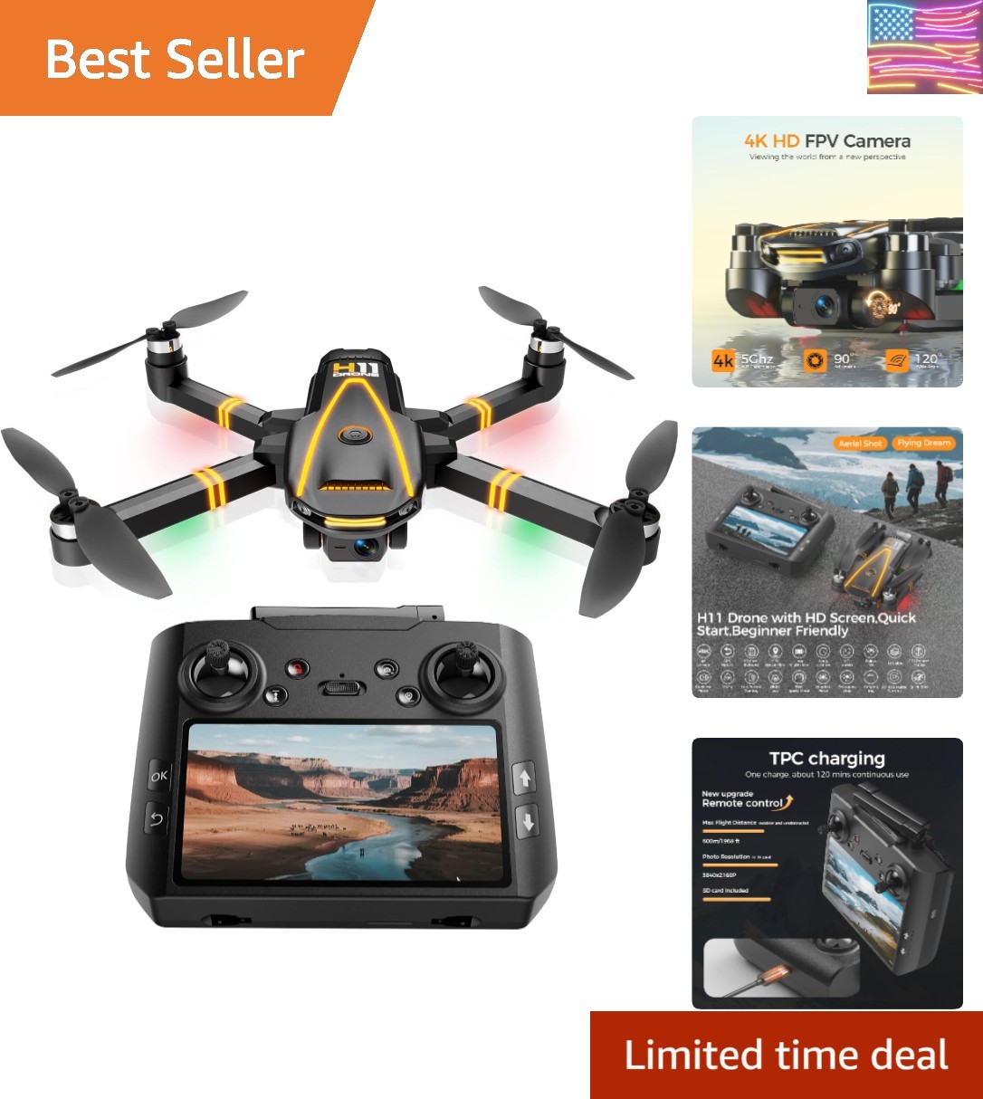 GPS Drone with EIS 4K Camera for Adults Kids, RC Drones with 4.5 inch HD Scre...