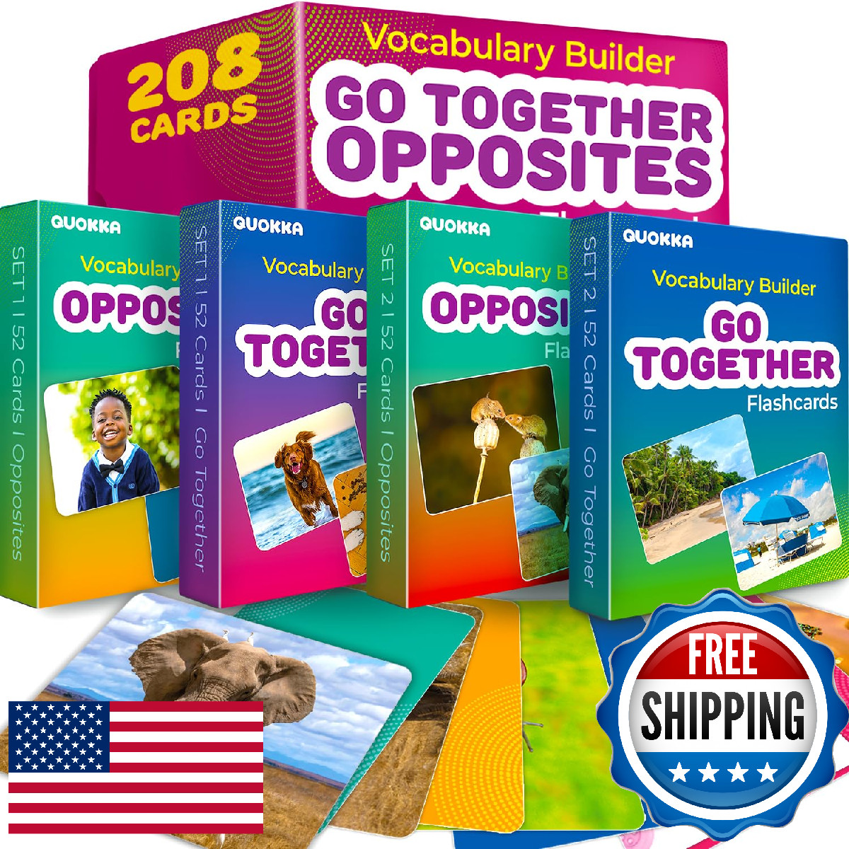 QUOKKA 208 Vocabulary Flash Cards Set - Go Together & Opposites Matching Cards