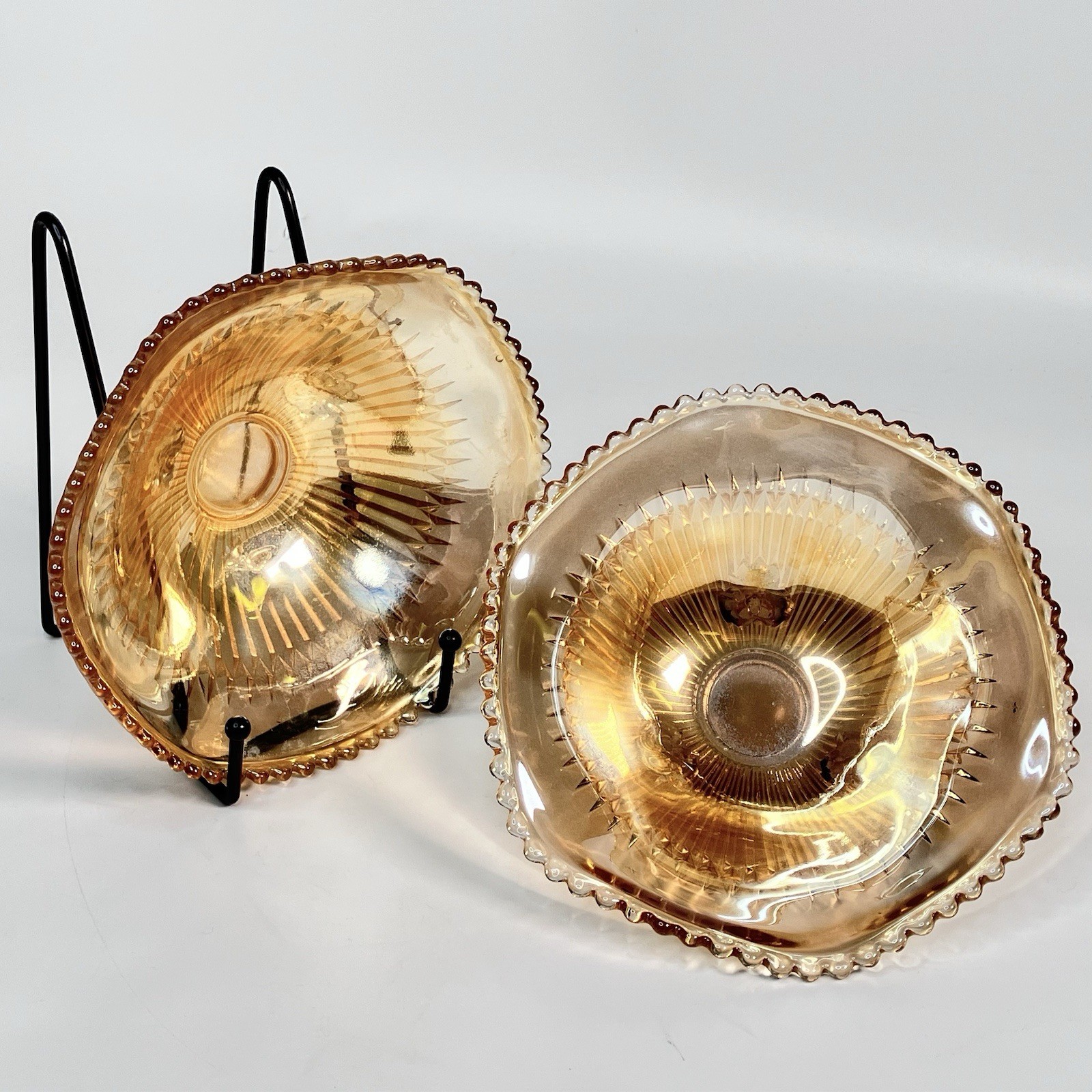 Jeannette Carnival Glass Footed Bowls Vtg Pair  Anniversary Marigold 6.5" Set