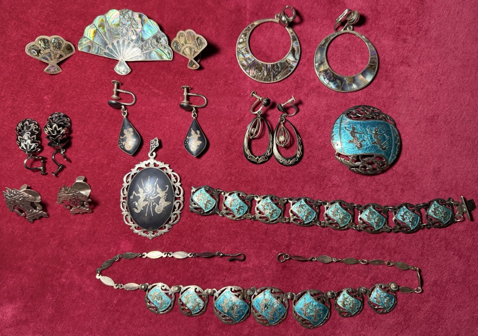 VTG Lot 925 Sterling Silver Jewelry Bracelet Necklace Earrings Pins Siam Mexico