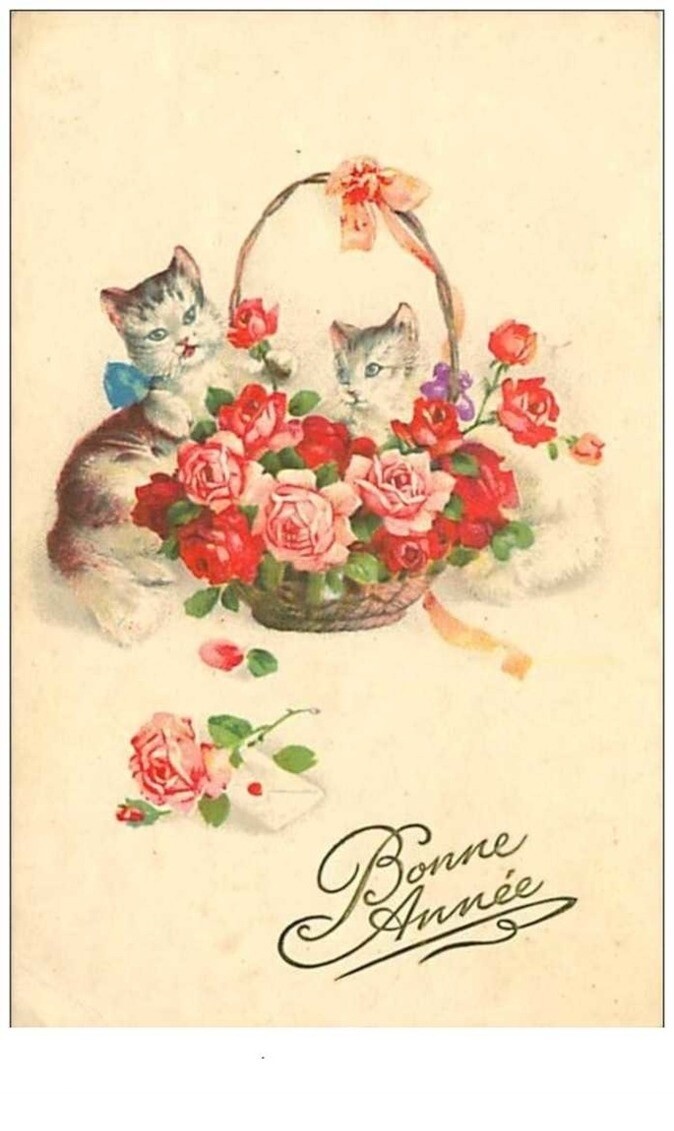 Cats No. 42 Happy New Year Kittens Around A Basket