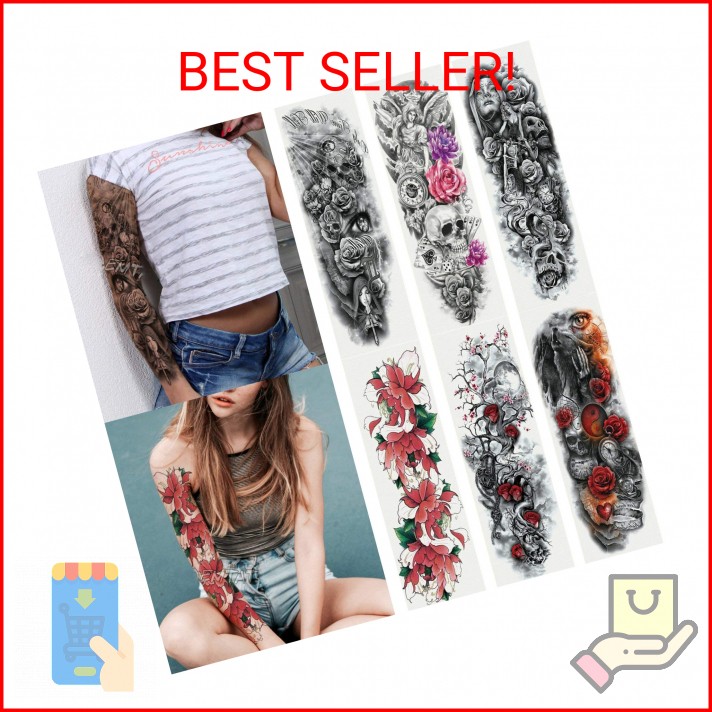 6 Sheets Full Arm Temporary Tattoo, Waterproof Extra Large Black Skull Rose Temp