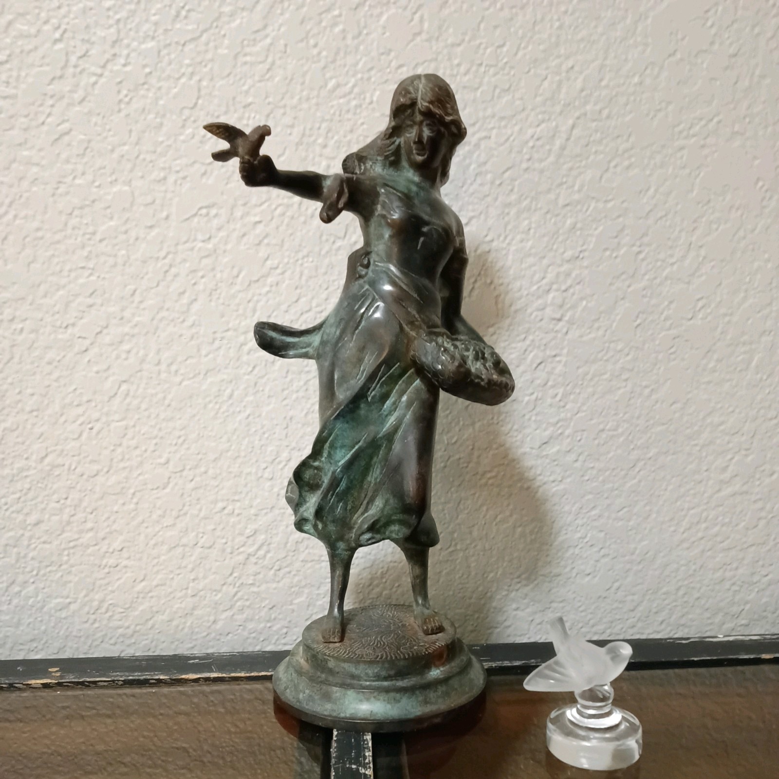 Young Girl with Bird on her in hand. Bronz.statue Sculpture.Art.Nouveau 14” x 6
