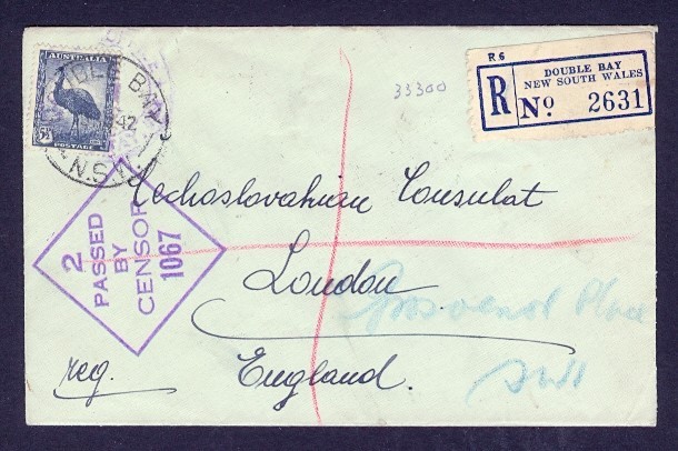 AUSTRALIA 1942 REG CENSOR CZECHOSLOVAKIA CONSULAT UK