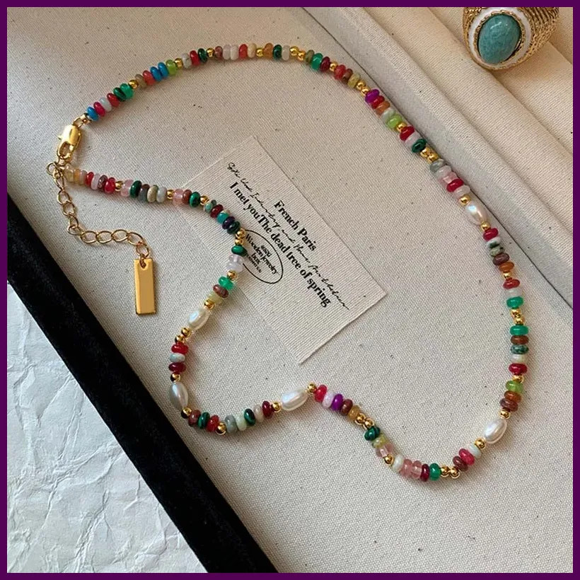 Fashion Colorful Beads Stone Natural Freshwater Pearl Necklaces For Women Retro