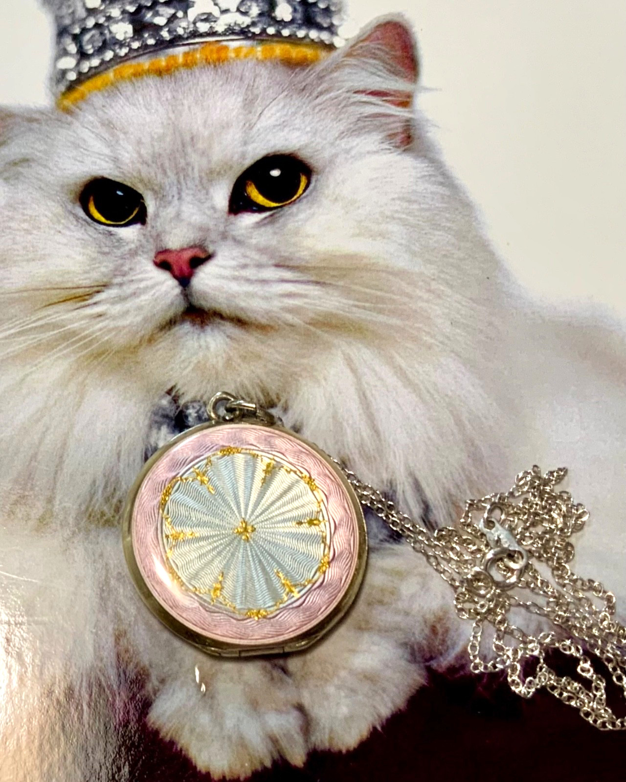 PRISTINE BEAUTIFUL PINK Antique STERLING 2 Side ENAMEL GUILLOCHE Locket Necklace