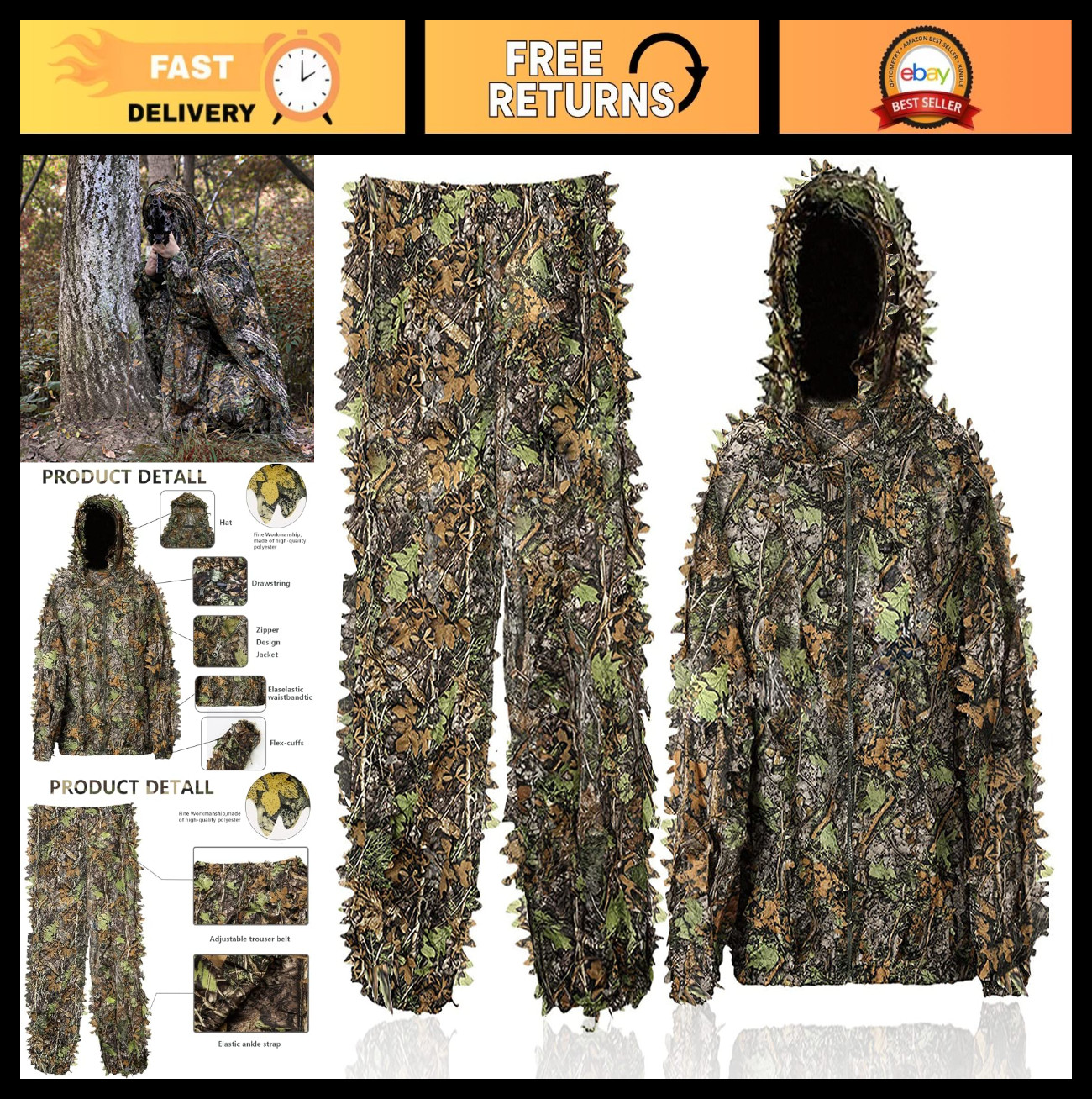 3D Leafy Camo Ghillie Suit - Hunting Camouflage Clothing for Airsoft & Wildlife