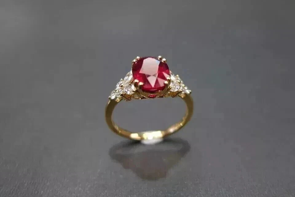 2.15 Ct Oval Cut Lab-Created Red Ruby Engagement Ring 14K Yellow Gold Plated