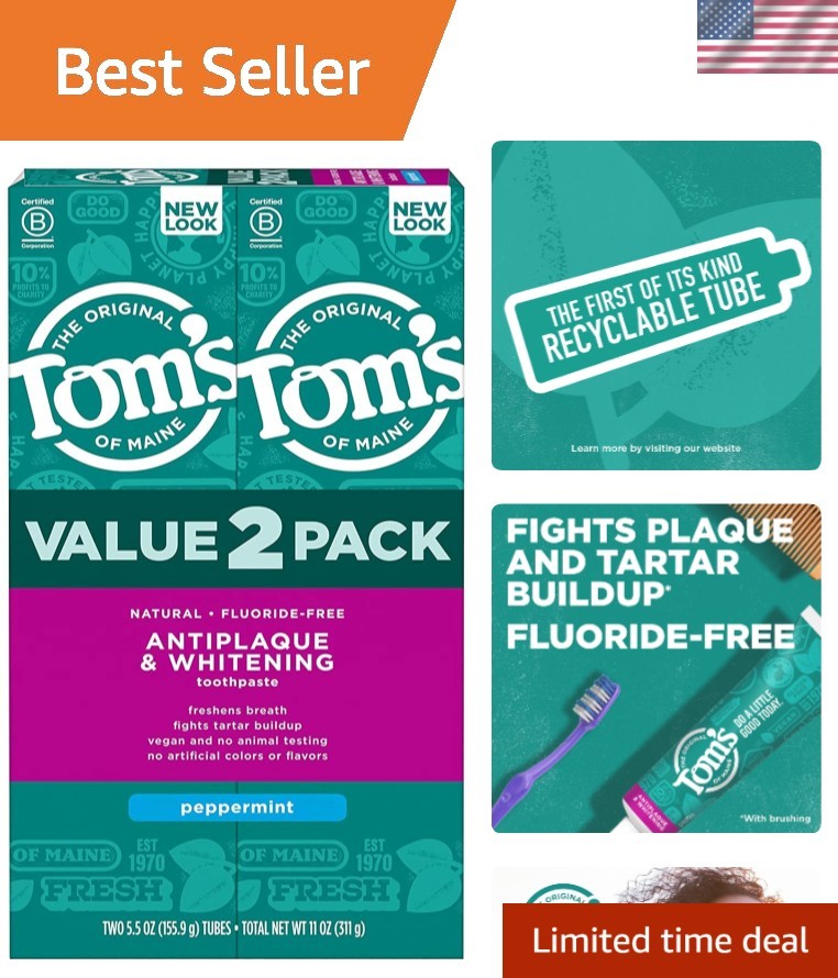 Natural Whitening Peppermint Toothpaste, Fluoride-Free, 5.5 oz Tubes, Pack of 2