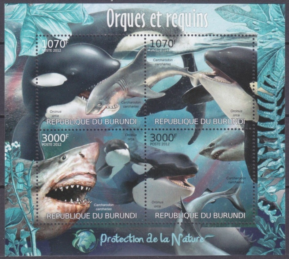 Burundi 2012 MNH 4v SS, Sharks Orca Fish Sea Mammals, Michel BI 2595-2598KB