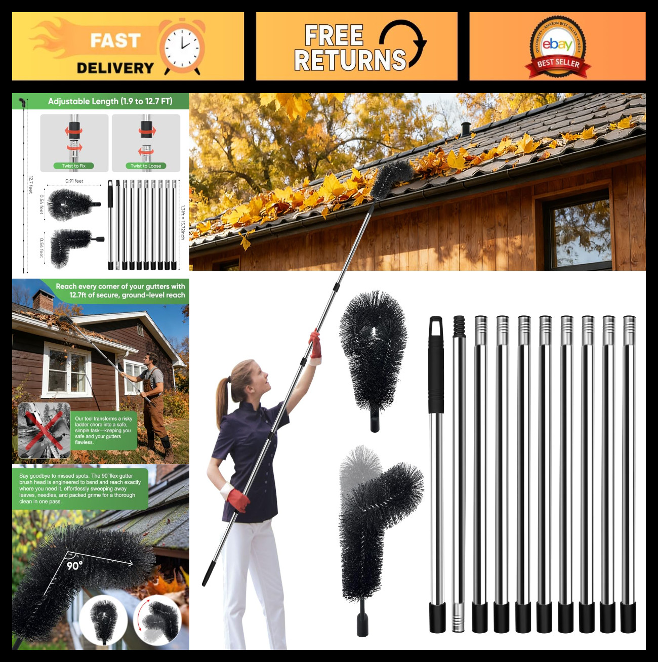 12.7FT Adjustable Gutter Cleaning Tool - No Ladder, Safe Brush for Leaves & Debr