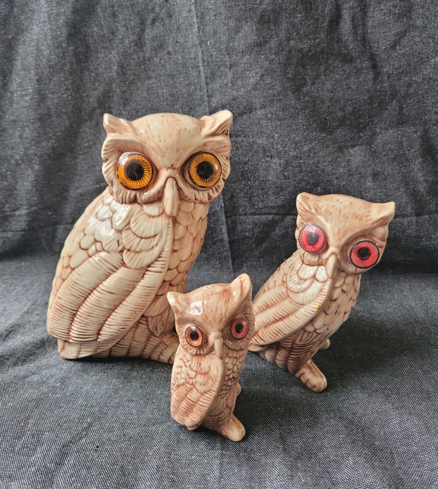 Vintage 70s MCM Ceramic Statue Owls Decor Cottagecore Brown Bright Eyes Set Of 3