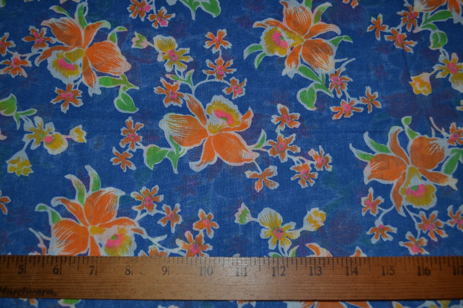 Cotton blend fabric, blue floral print, 44" x 3.1 yards, vintage, prewashed
