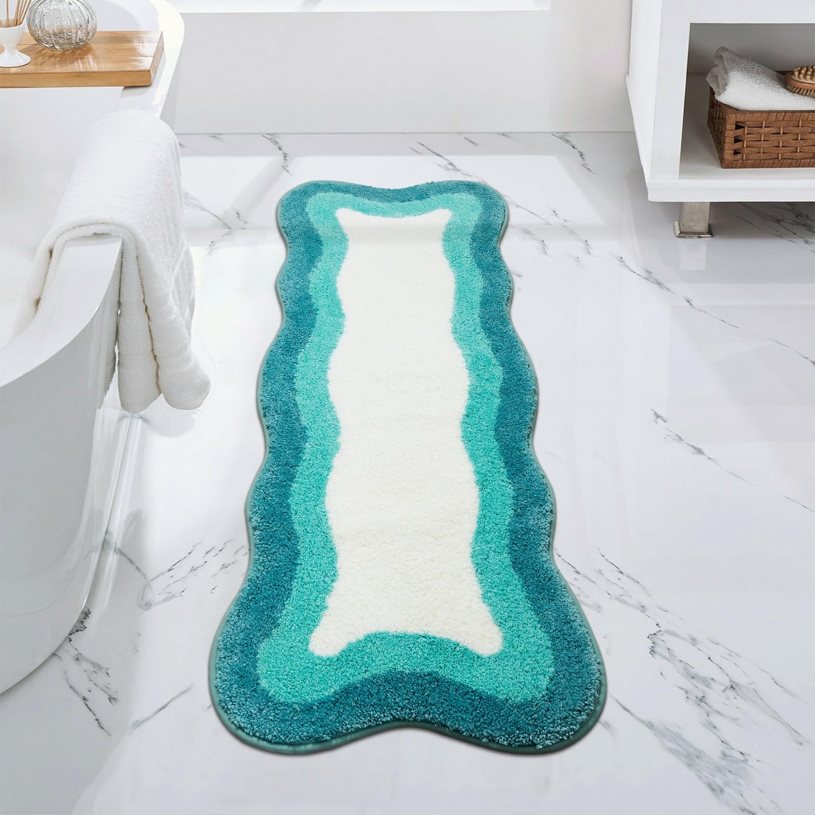 HAOCOO Irregular 18x47 Aqua Gradient Non-Slip Bathroom Rug Runner Ultra Soft