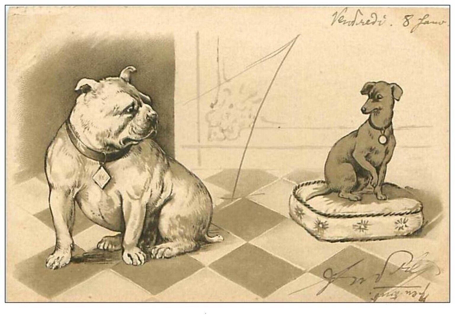 Dogs No. 9 Big Bulldog Observing A Very Thin Dog. See Condition