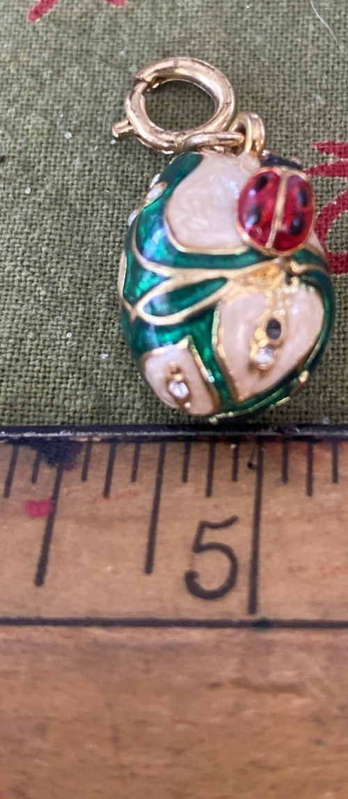 Vintage Green Enamel with Rhinestones Ladybug Egg Charm Pendant