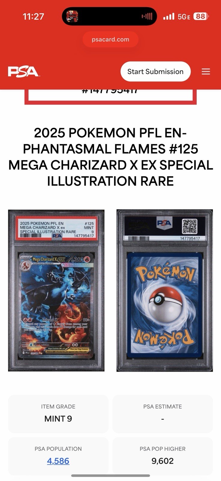 2025 POKEMON PHANTASMAL FLAMES ILLUSTRATION RARE #125 MEGA CHARIZARD X EX PSA 9
