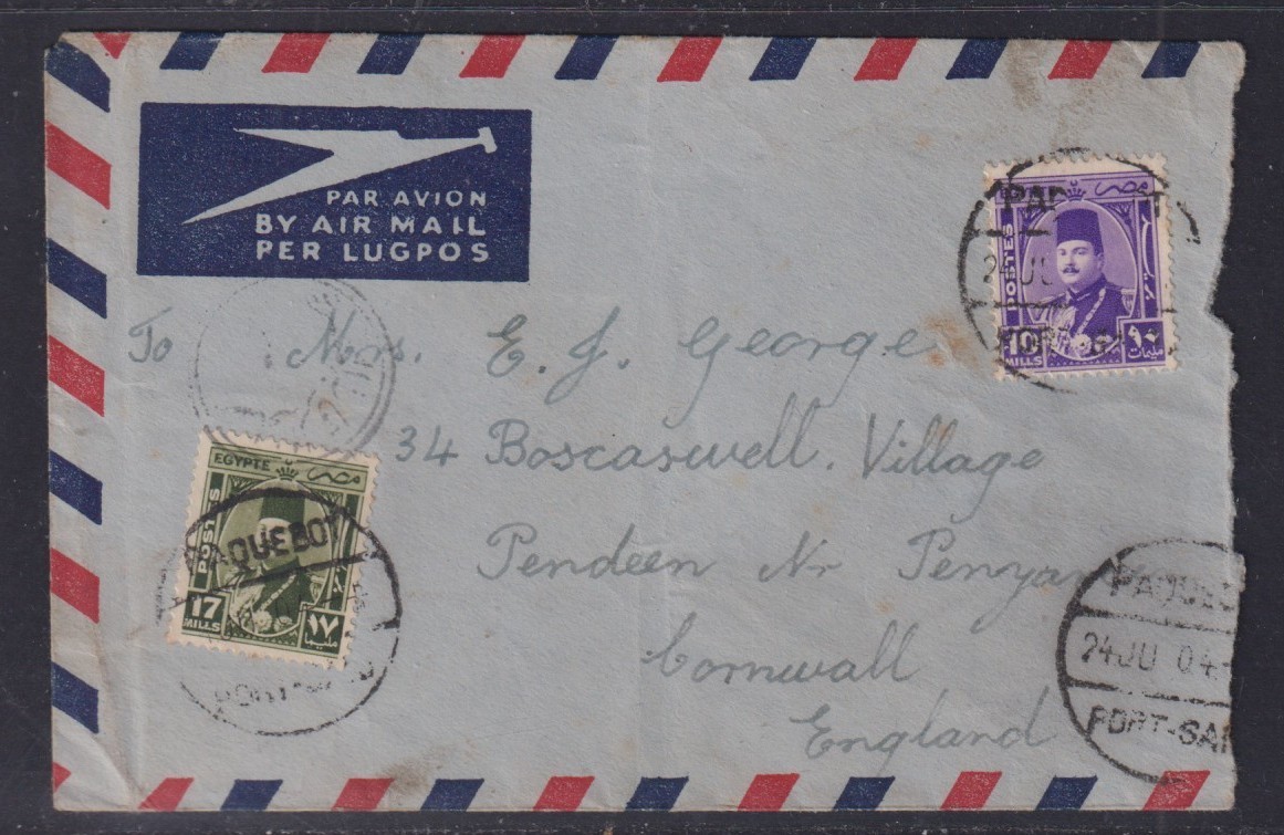 Egypt 1940 Airmail Cover Port Said Paquebot to Cornwall - damaged