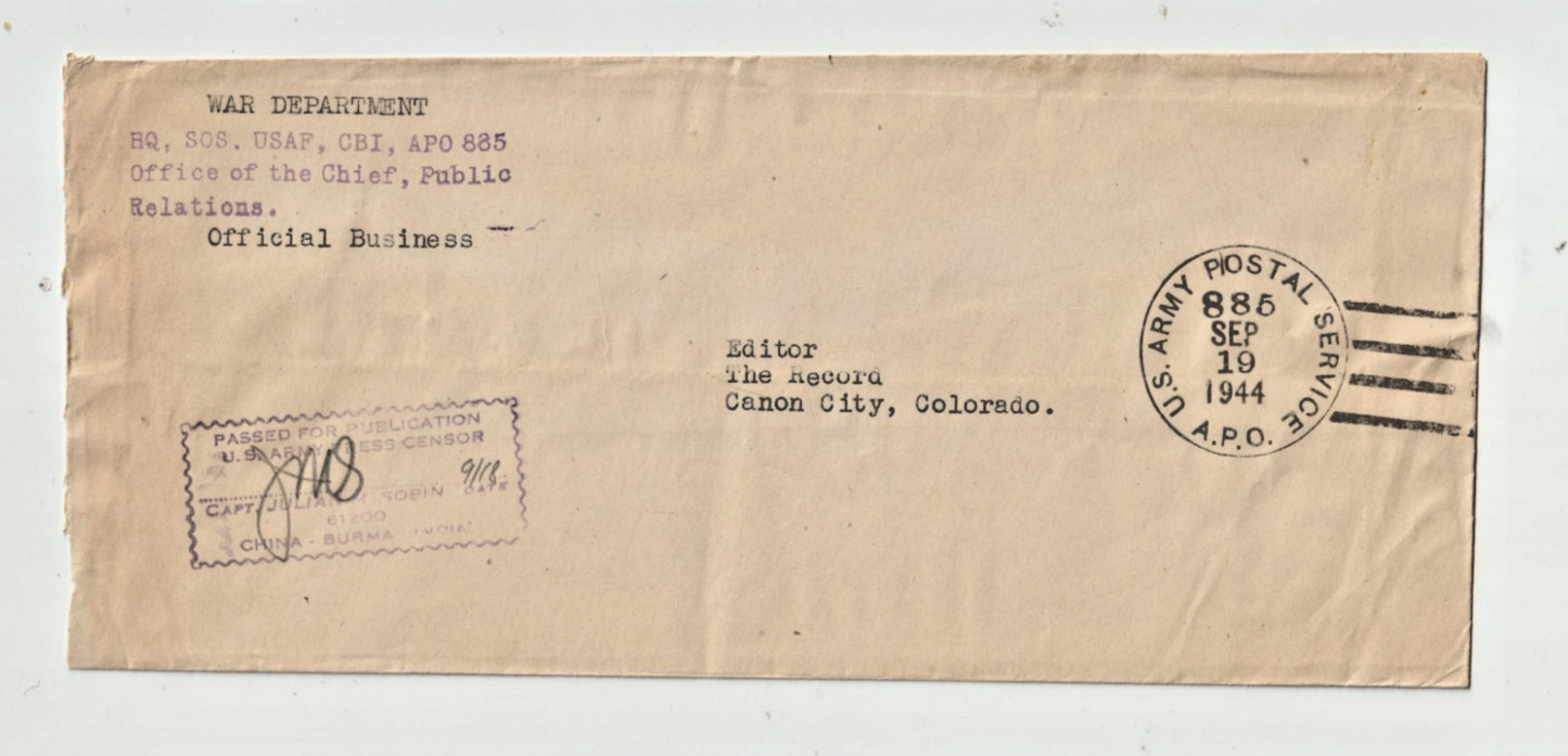 WW2 1944 War Department Official Cover APO 885 India, to US,  ARMY PRESS CENSOR
