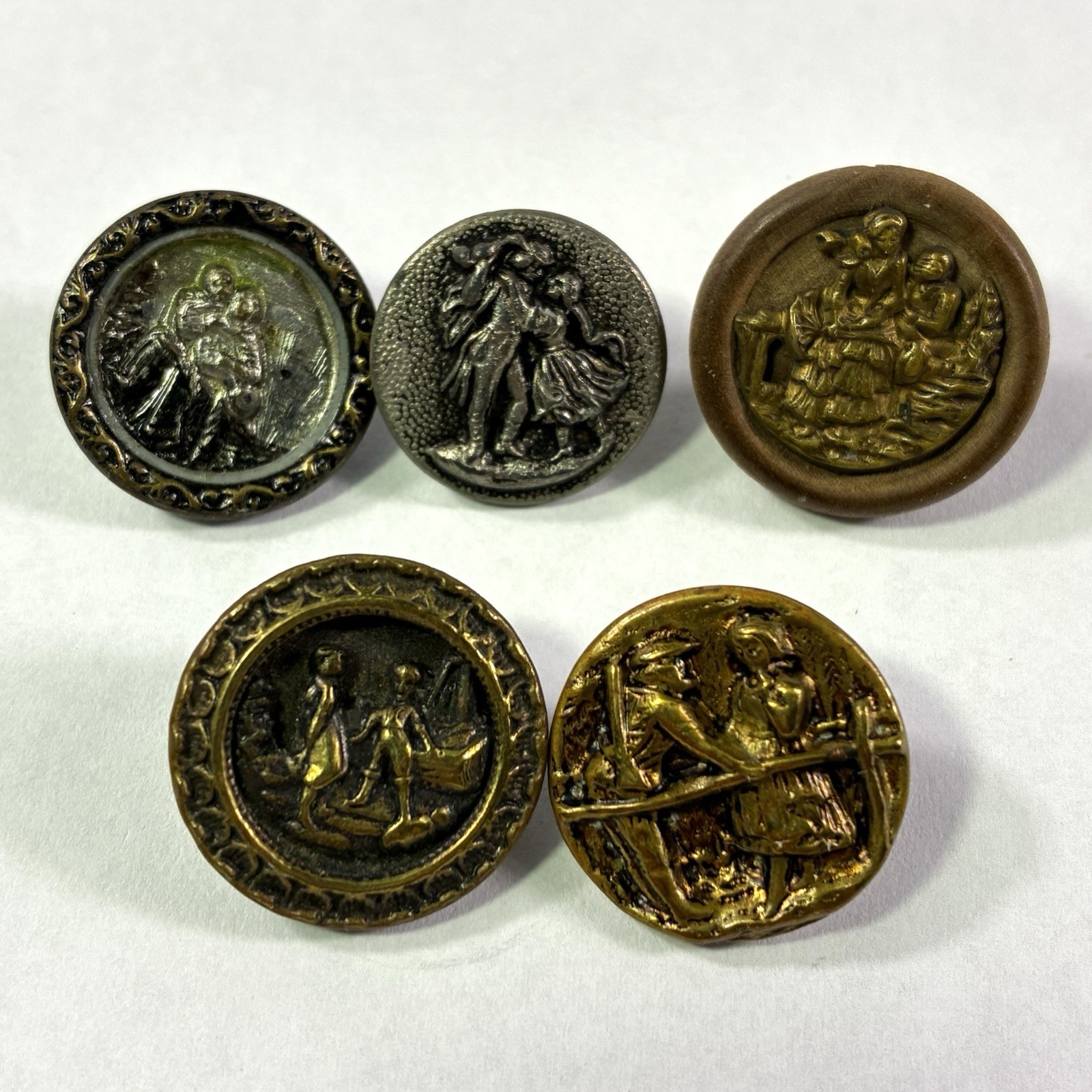 Lot of 5 Vintage Victorian Metal/Wood Picture Buttons Courting Man Woman