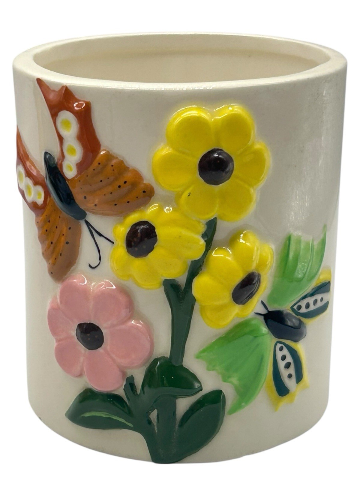 Hand Painted Glazed Butterfly Cup Pencil Holder Short Vase Vintage 1977