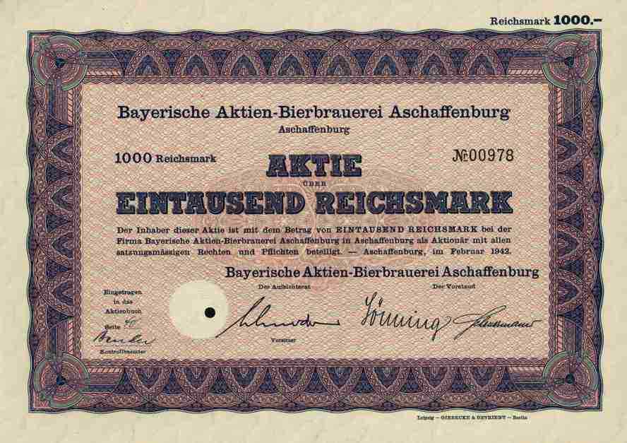 Bavarian Beer Brewery Aschaffenburg 1942 Binding BABA Wiesbaden 1000 RM Stork