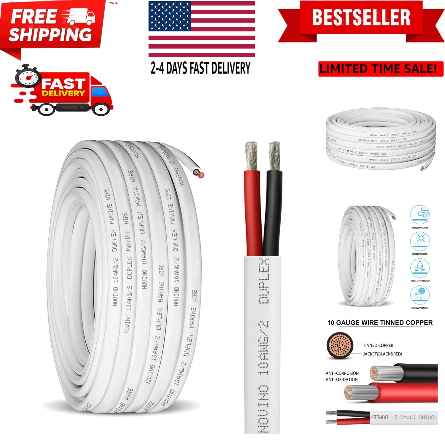 10 Gauge Marine Wire,10 AWG 30ft Duplex Marine Grade Wire Tinned Copper Oxyge...