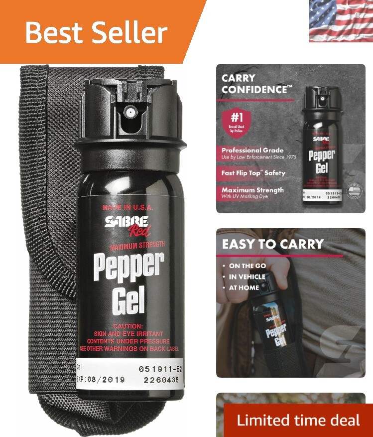 Tactical Pepper Gel with Belt Holster - Police Strength, 18 Bursts, UV Dye