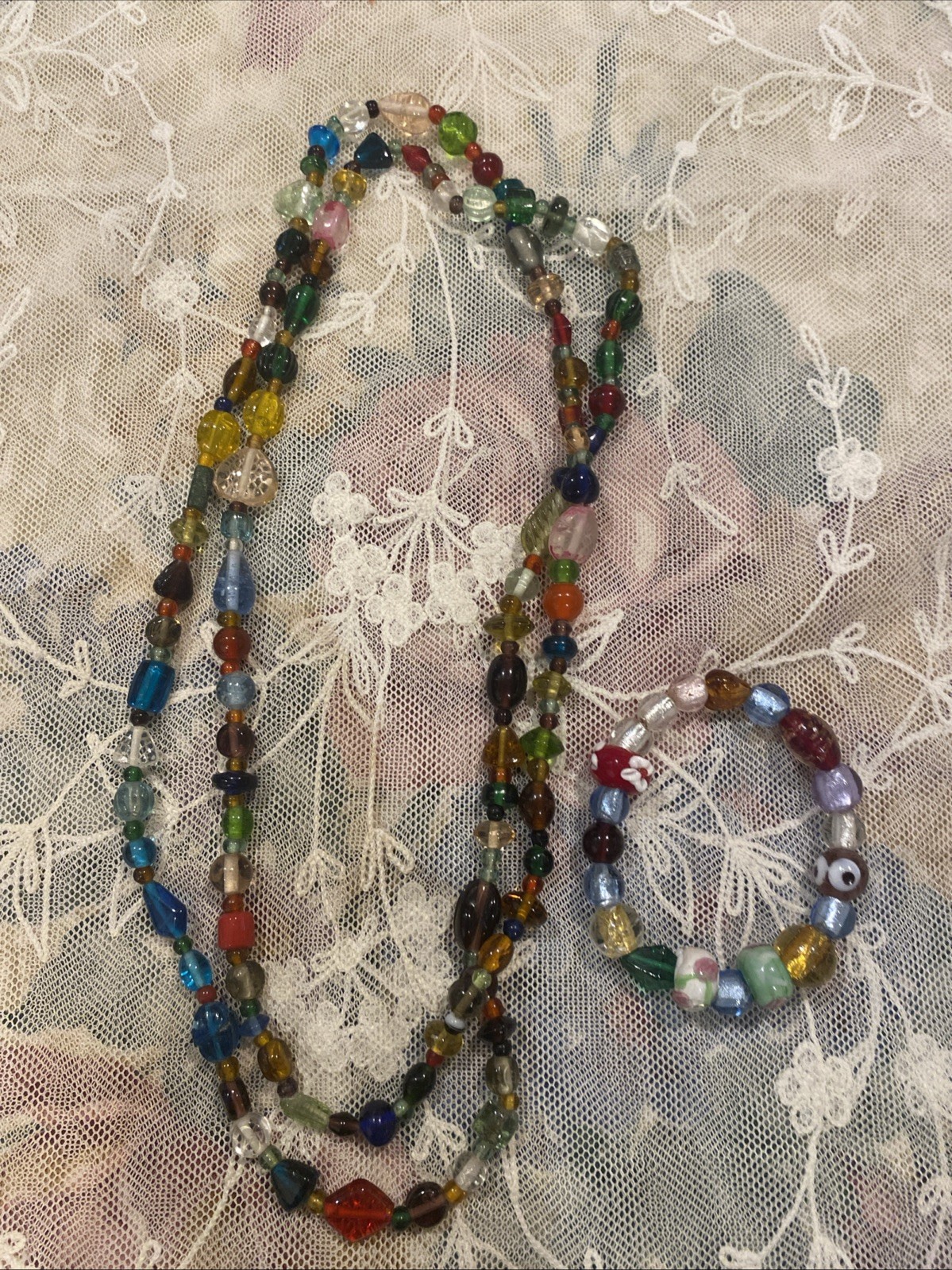 Vintage Multicolor 24” long beaded necklace and Stretch bracelet Evil Eye