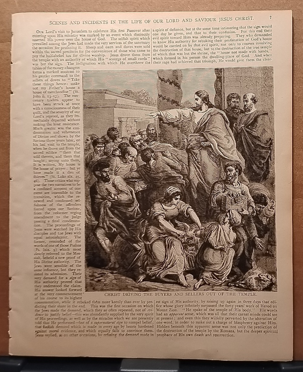 1884 - Vintage CHRIST CLEANSING THE TEMPLE Antique Bible Print from 1800s