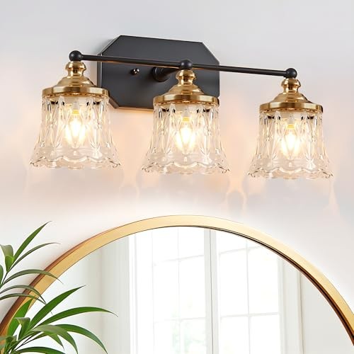 Vintage Bathroom Vanity Light Fixtures, Black and Gold 3-Light Vanity 3 Light