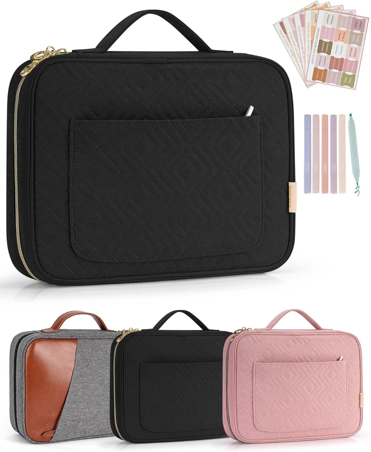 Women's Bible Cover with Highlighters, Tabs, and Zippered Bag (Black)