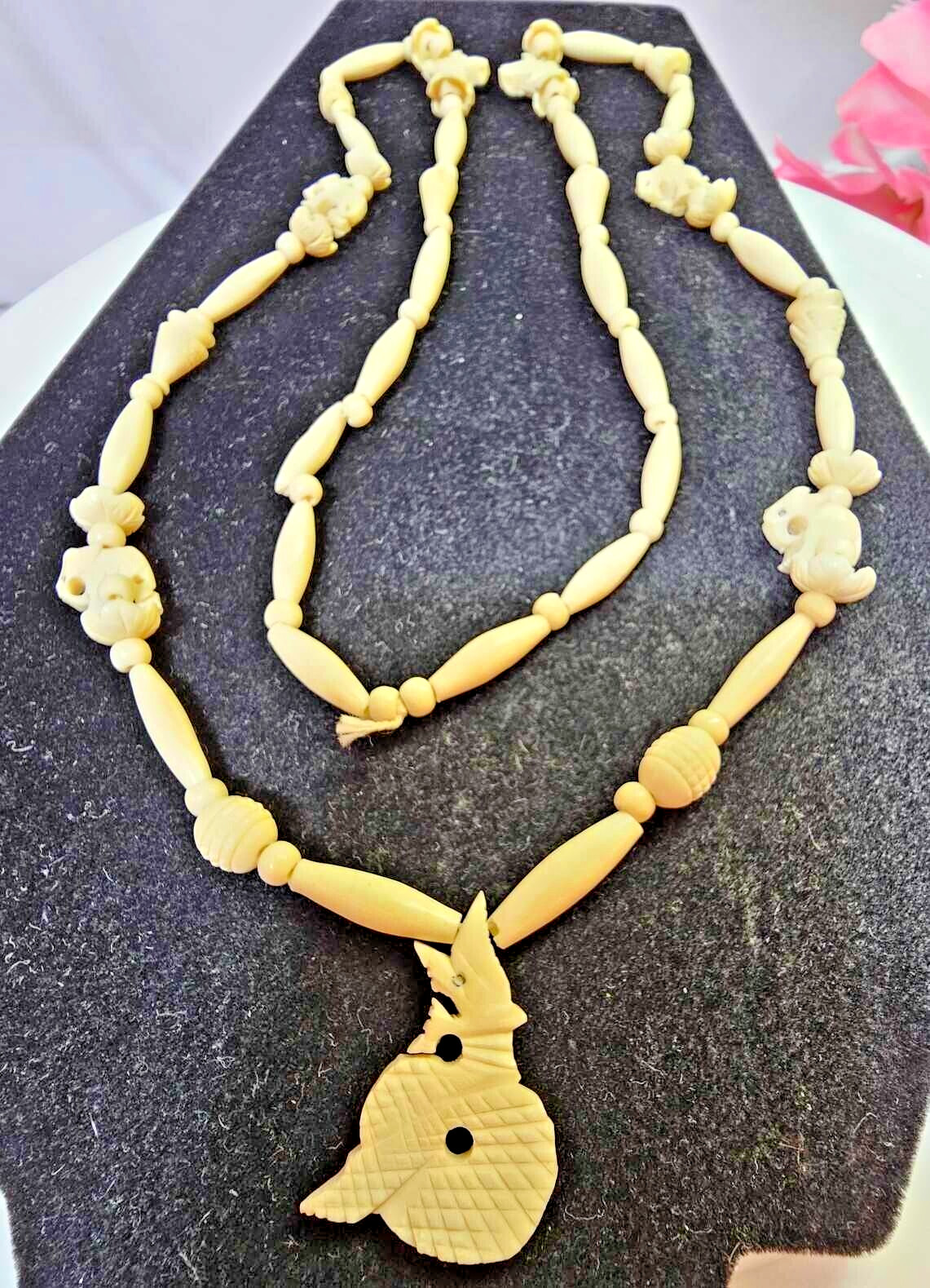 Vtg Carved Off-white Necklace Dragon Pendant Elephant Flower round Chain 39"- A5