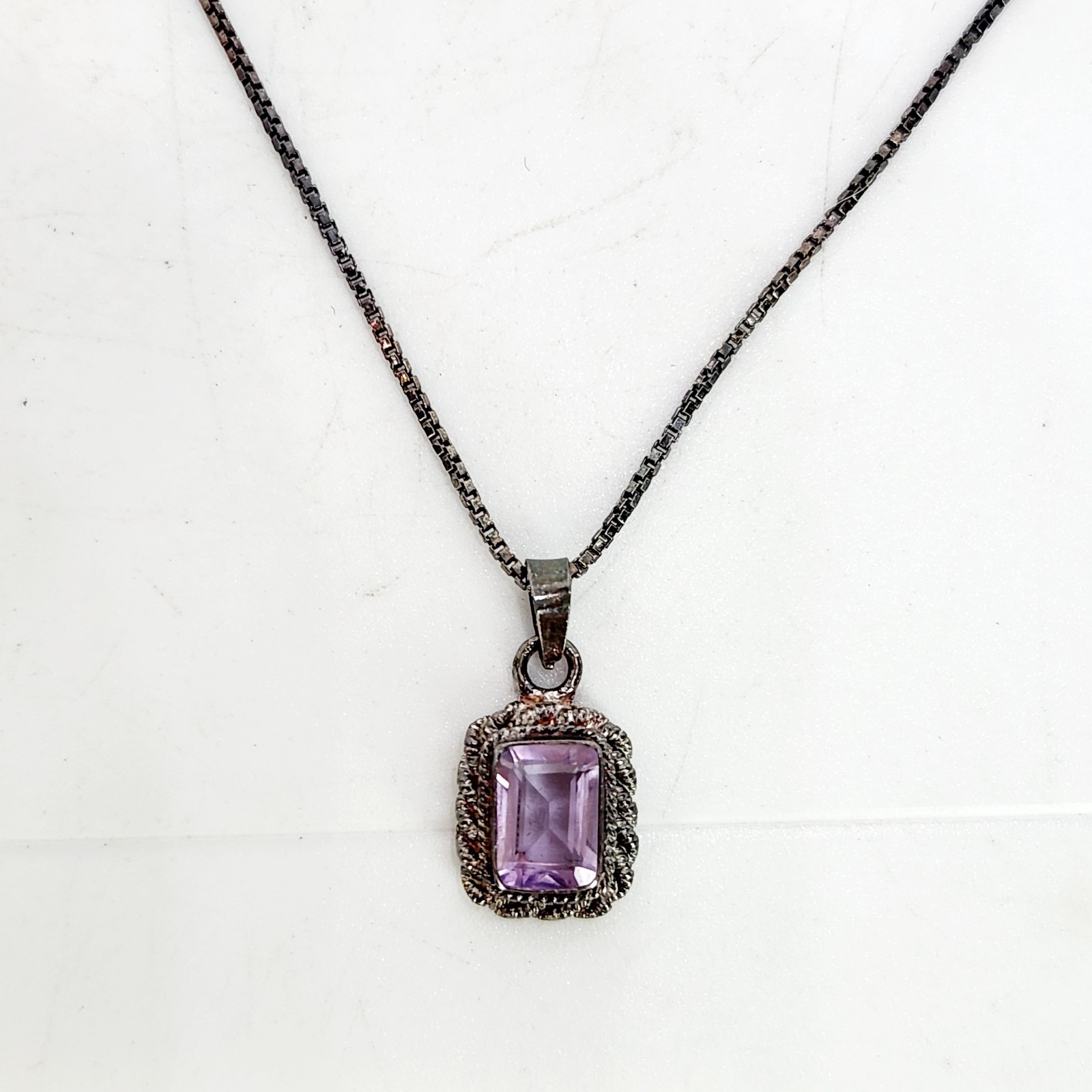 Vtg Amethyst Necklace Sterling Silver Filigree Setting Art Deco 18" Box Chain 