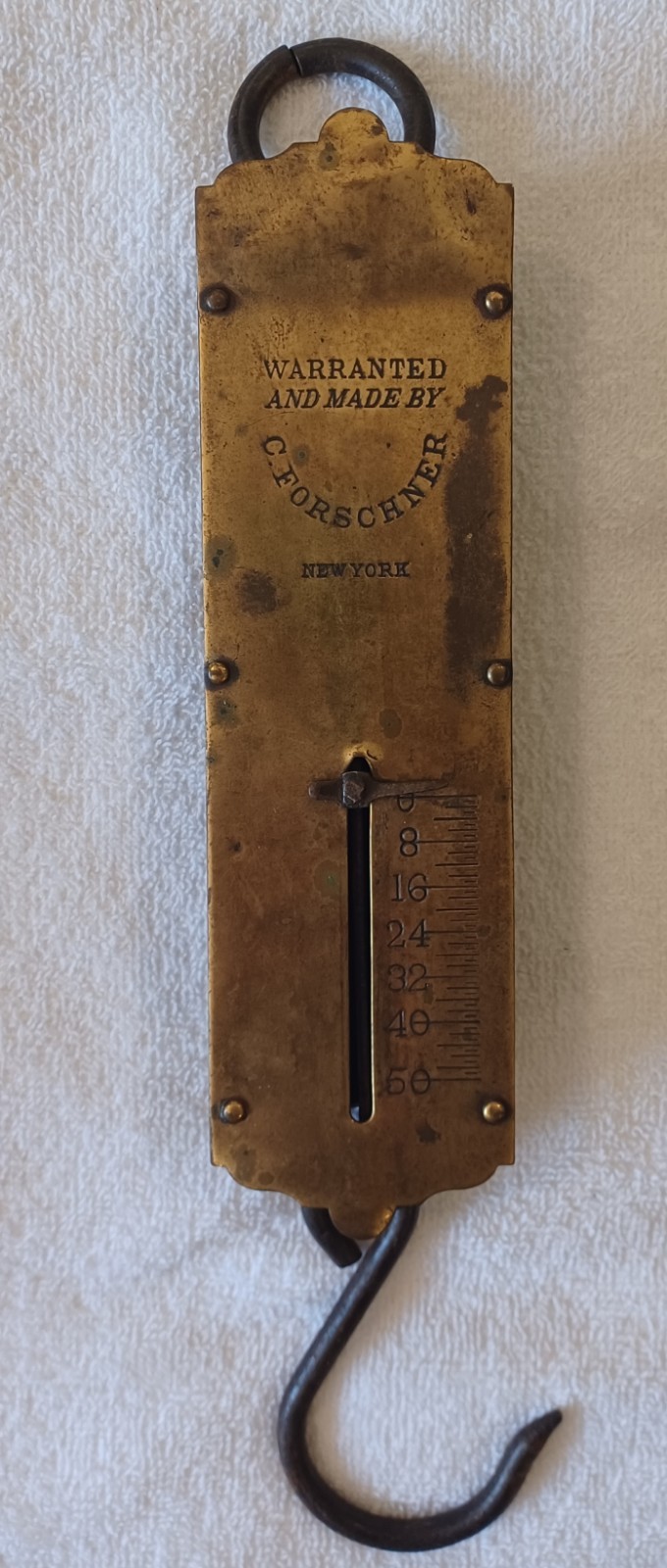 C. Forschner Brass Hanging Spring Balance Mercantile Scale New York 50 lb